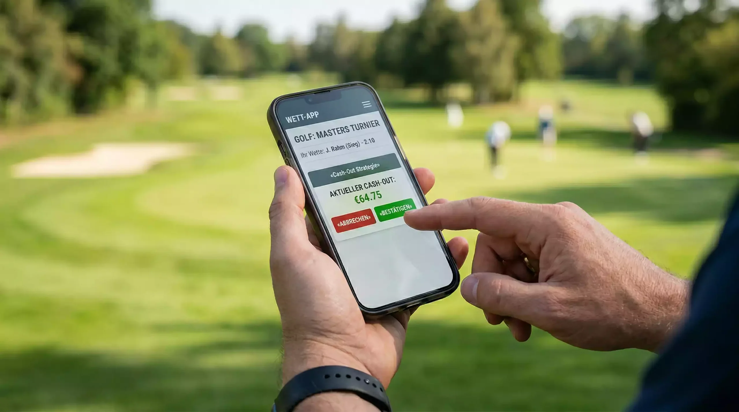 Hand über dem Smartphone-Bildschirm als Symbol für Cash-Out-Entscheidung