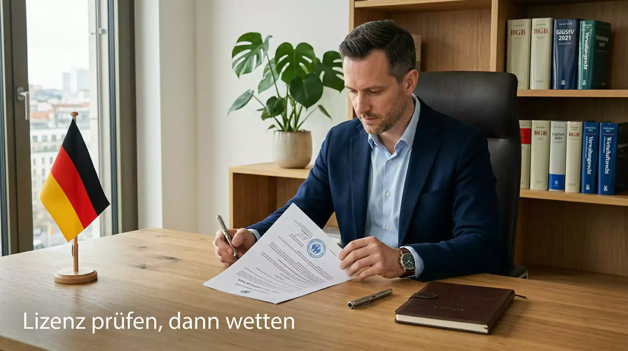 Person prüft Dokumente am Schreibtisch mit deutschem Lizenzsiegel — Golf Wetten legal in Deutschland