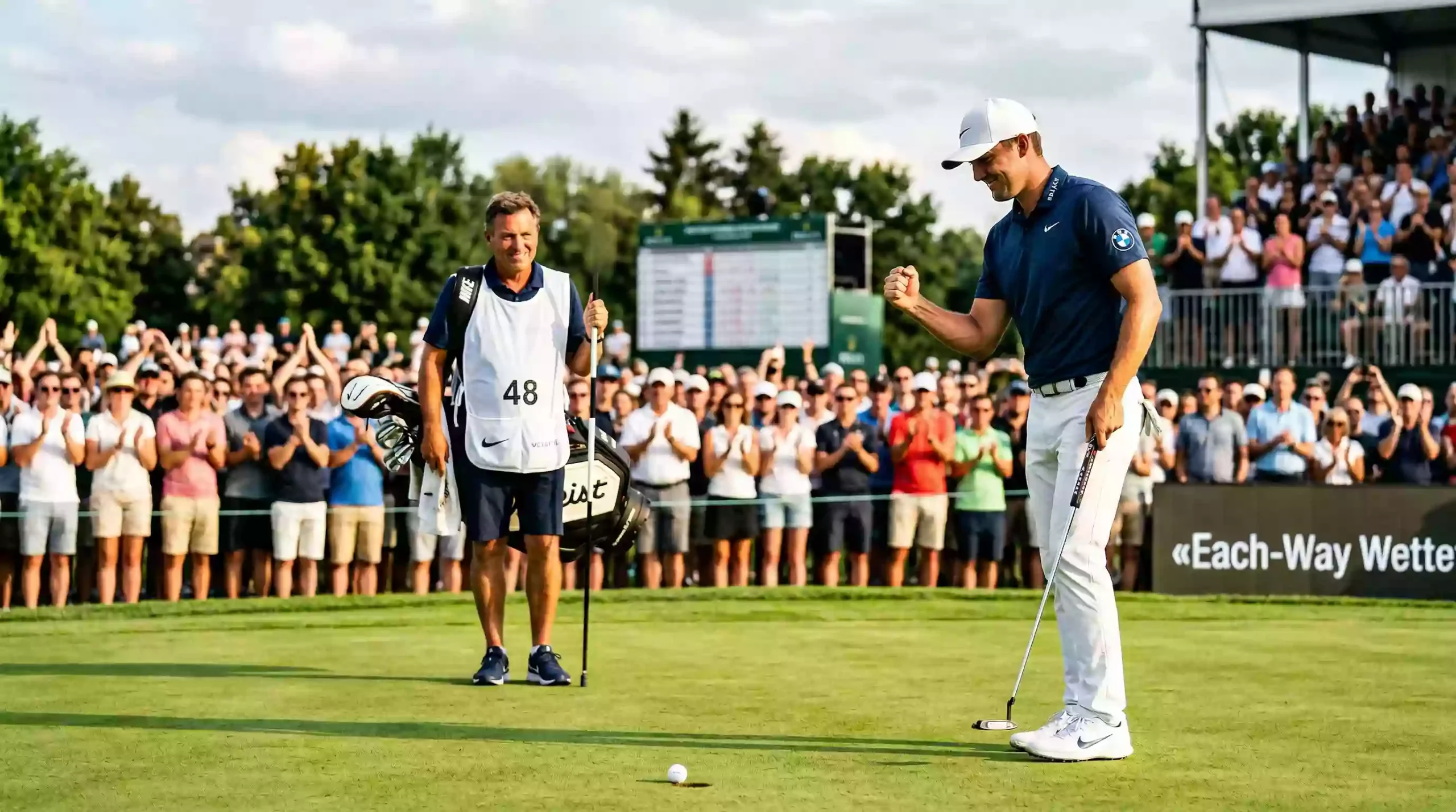 Golfspieler jubelt nach erfolgreichem Putt auf dem Turniergrün