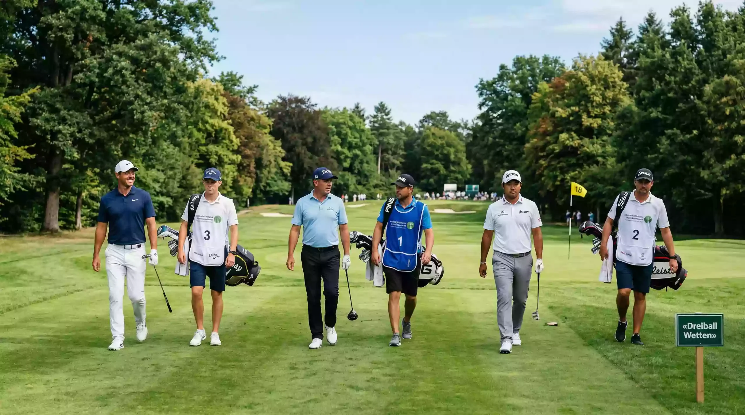 Drei Golfspieler gehen gemeinsam in einem Flight über das Fairway