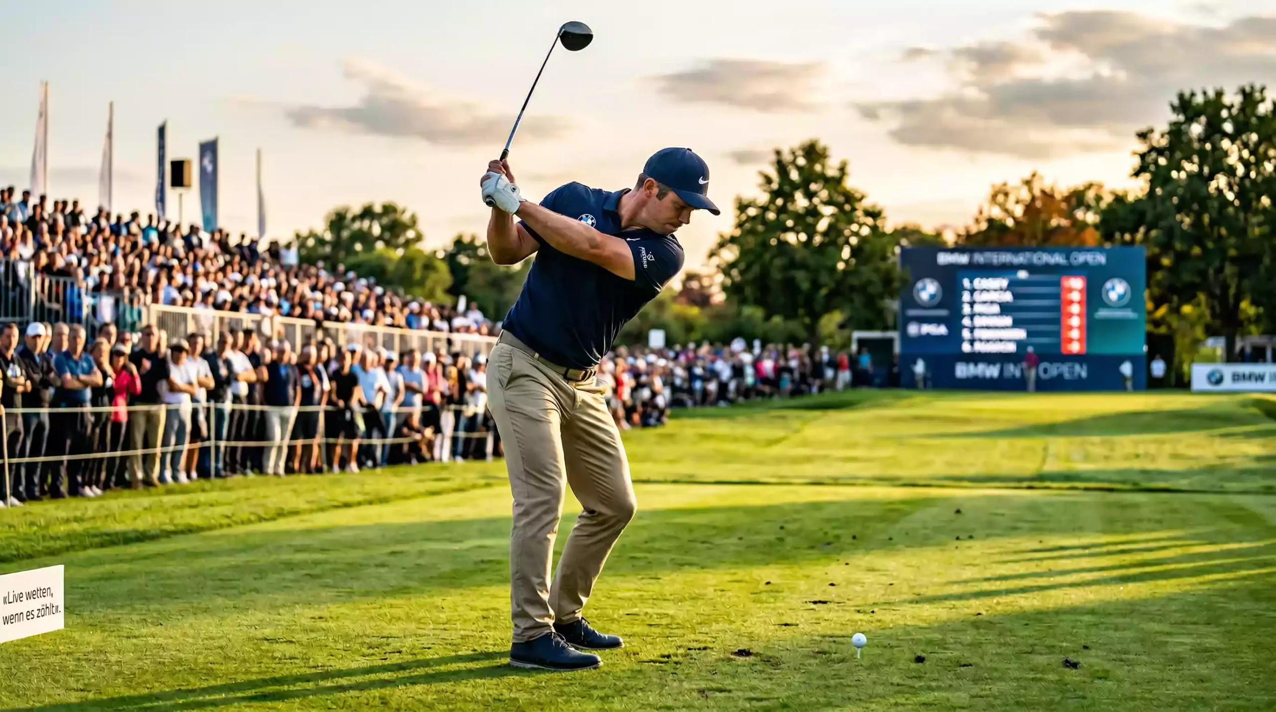 Golfer schlägt bei einem Live-Turnier ab, Zuschauer im Hintergrund — Golf In-Play Wetten Strategien