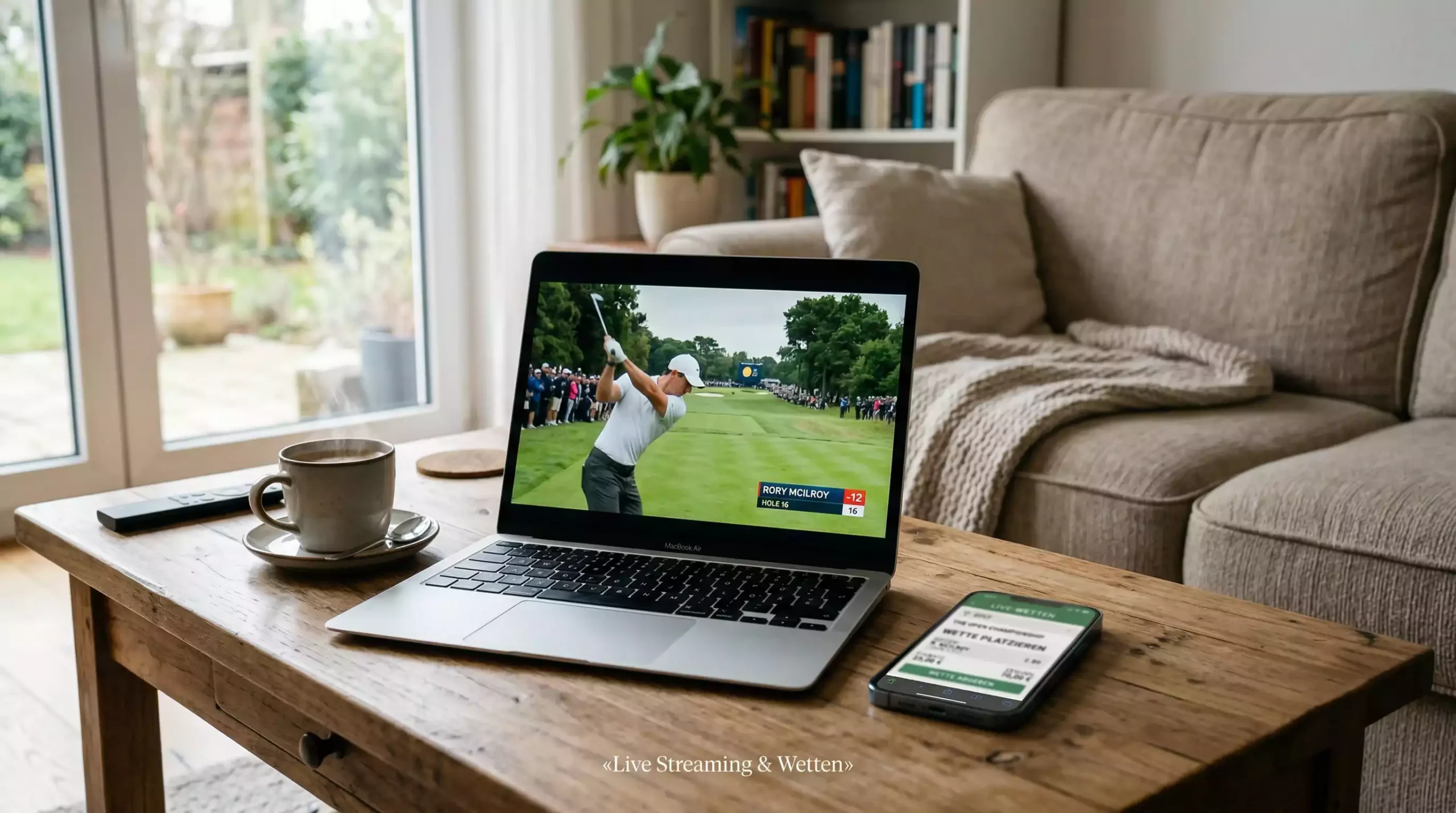 Laptop mit Golf-Livestream neben Smartphone mit Wett-App auf einem Tisch
