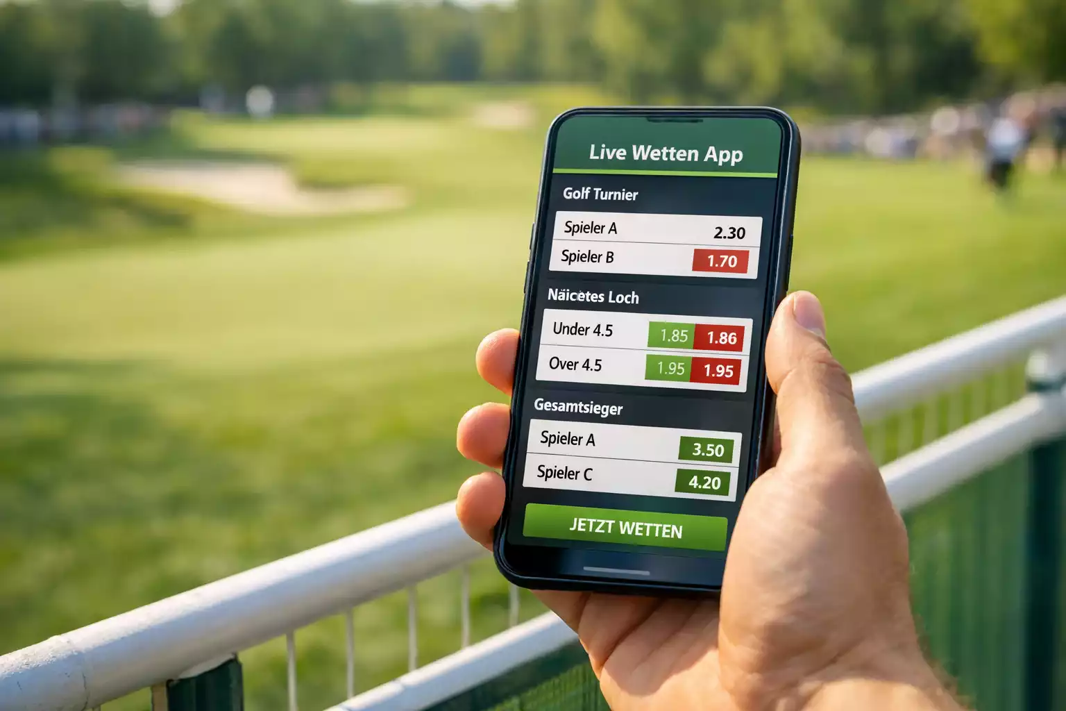 Person nutzt eine Golf-Wetten-App auf dem Smartphone am Golfplatz