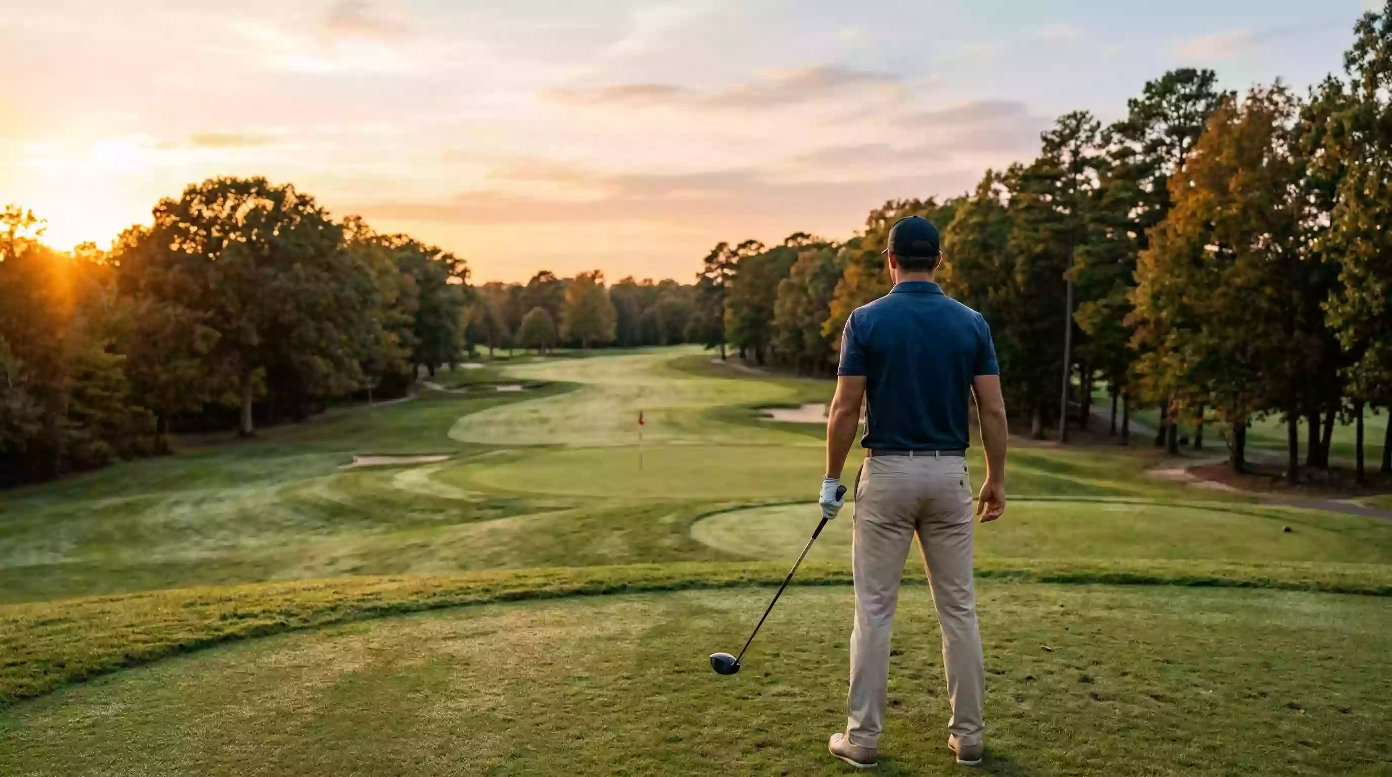 Golf Live Wetten — Golfspieler analysiert das Fairway bei Sonnenaufgang auf einem professionellen Turnierplatz
