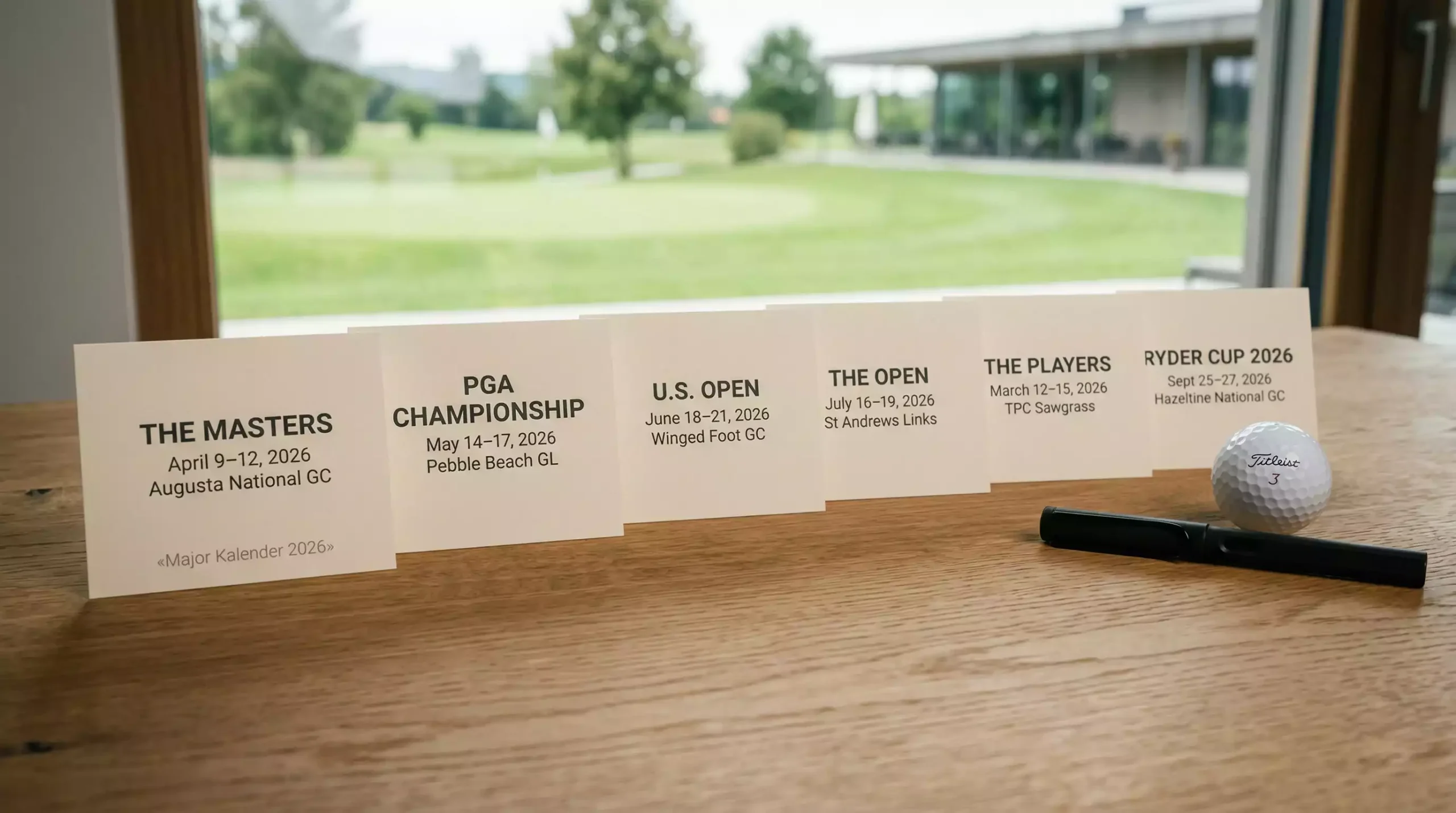 Offener Planer mit markierten Golf-Major-Terminen neben einem Golfball
