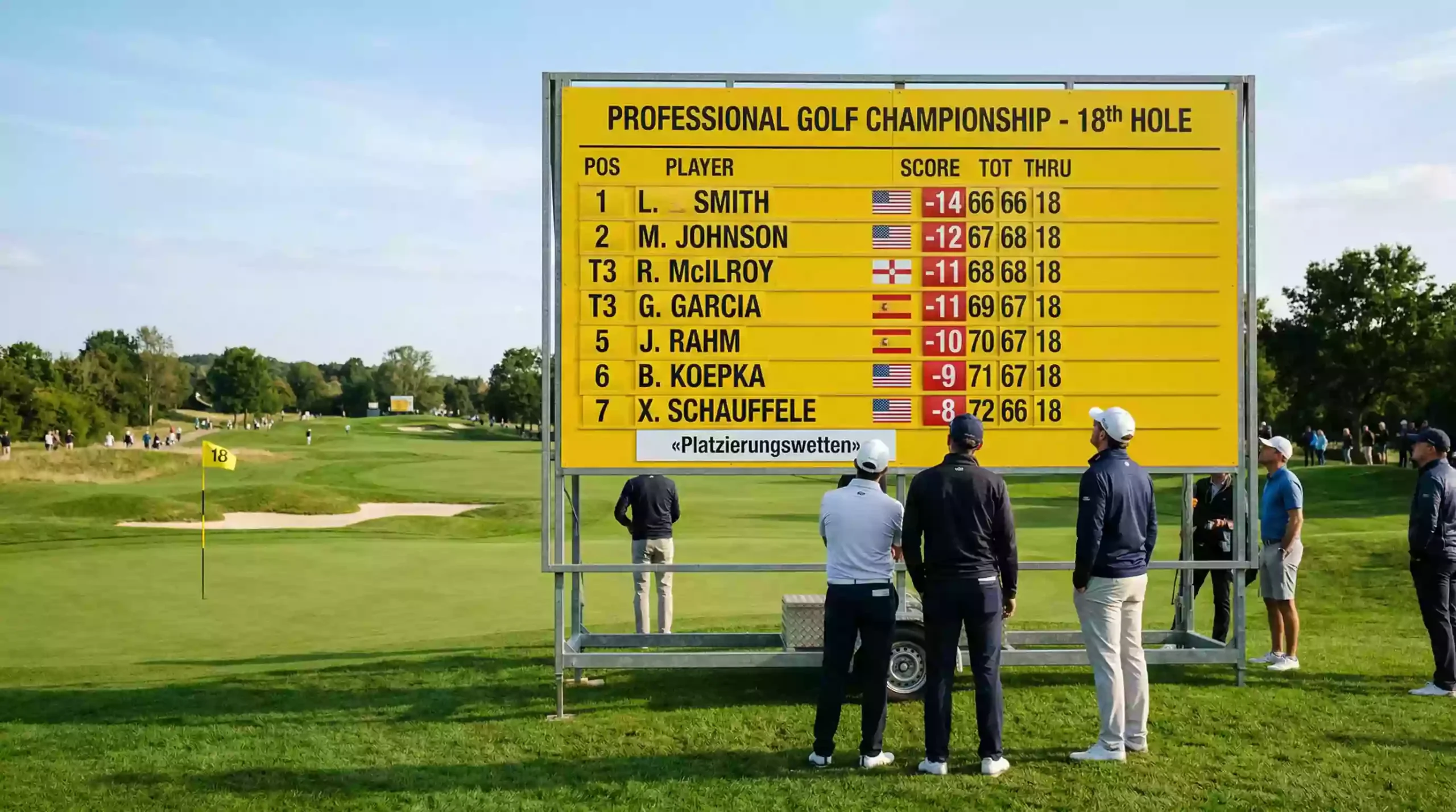 Scoreboard eines Golfturniers mit Spielerrangliste am 18. Loch