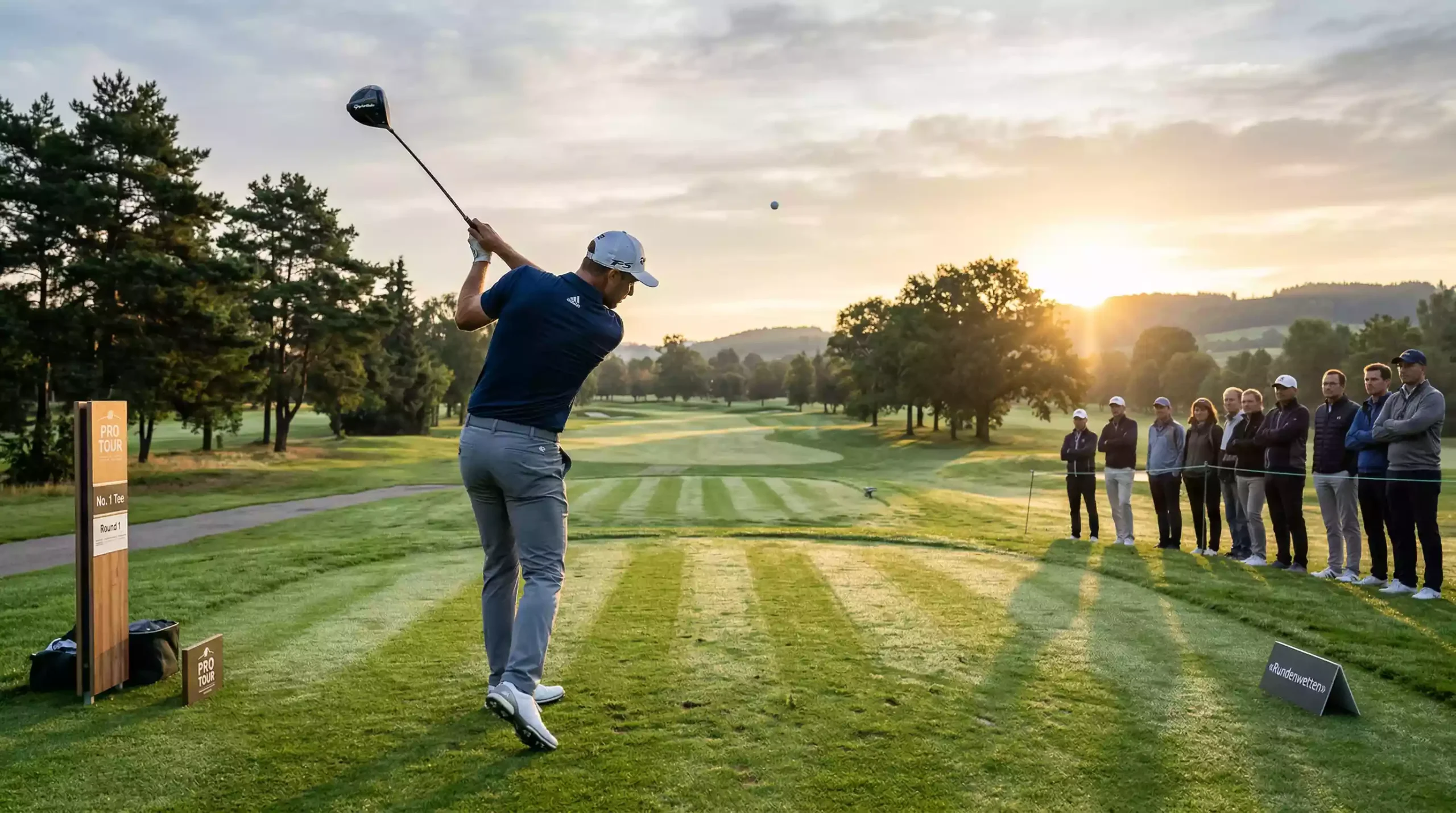 Golfspieler beim Abschlag in der ersten Runde am frühen Morgen