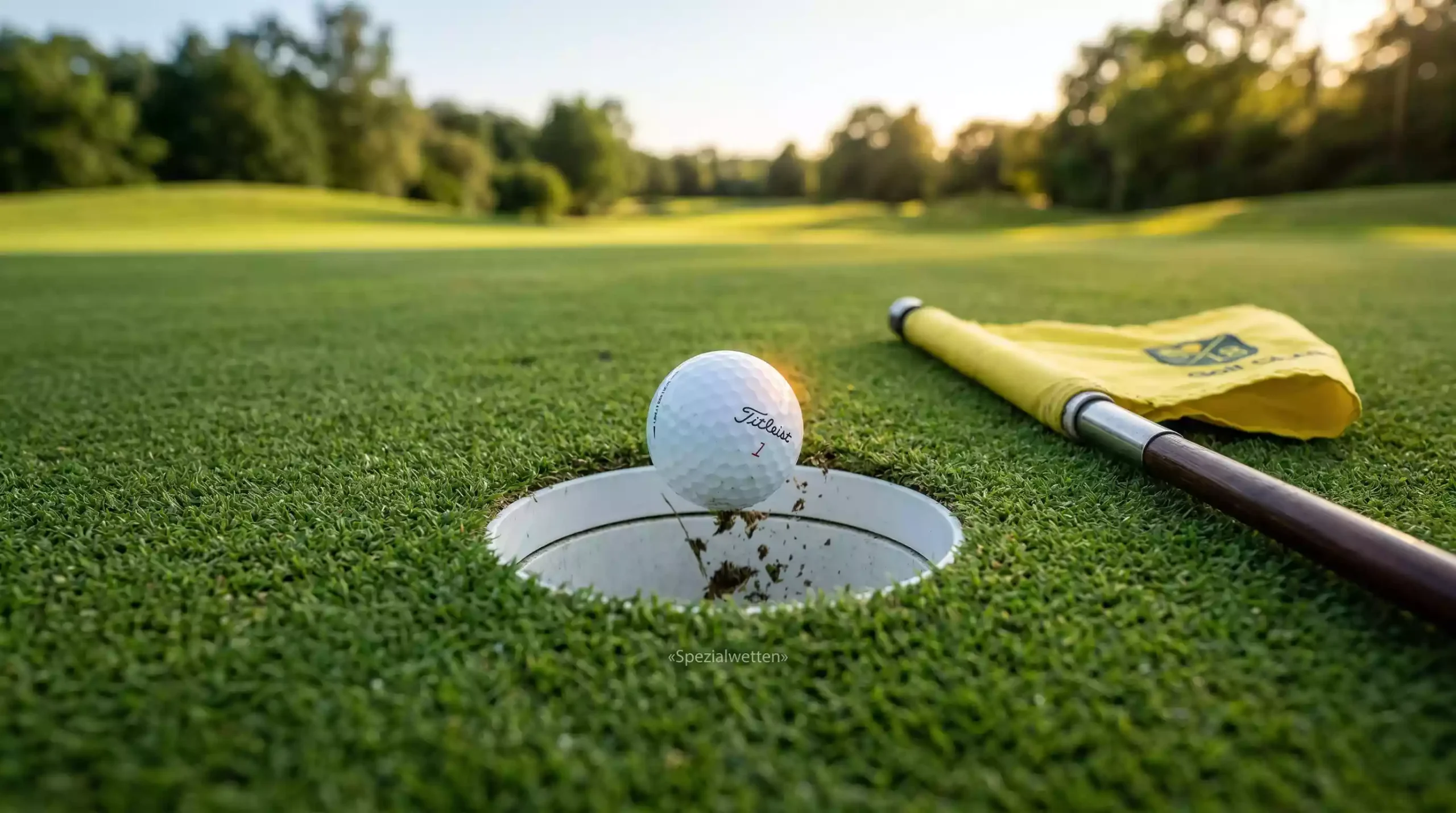 Golfball fällt ins Loch auf dem Grün – Hole-in-One Moment