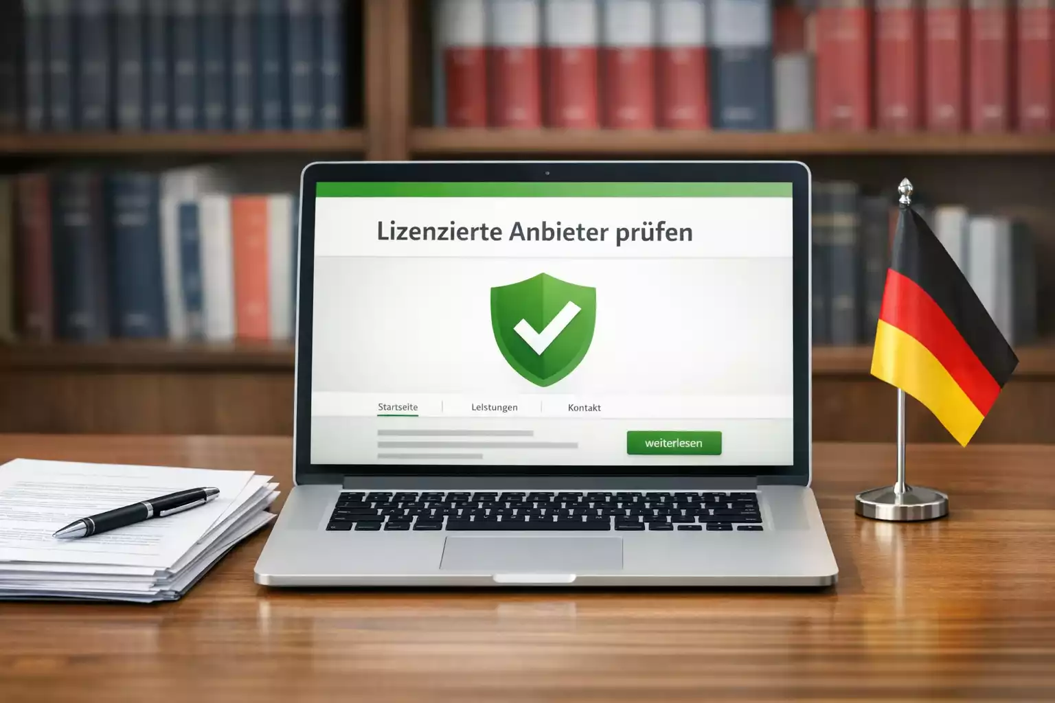 Regulierung Sportwetten Deutschland — Offizielle Dokumente und Laptop mit der GGL-Website auf einem professionellen Schreibtisch