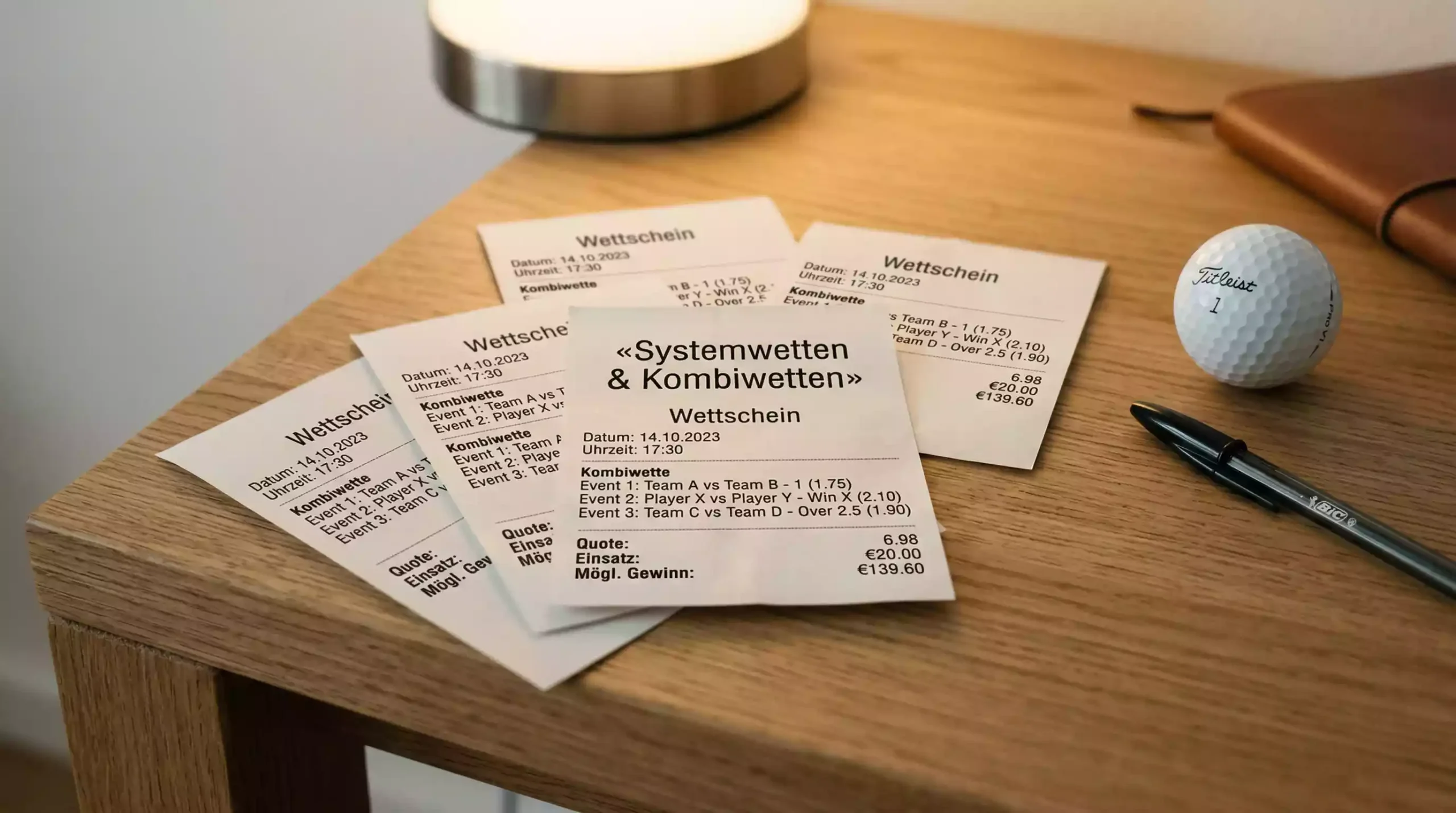 Mehrere Wettscheine auf einem Schreibtisch neben einem Golfball