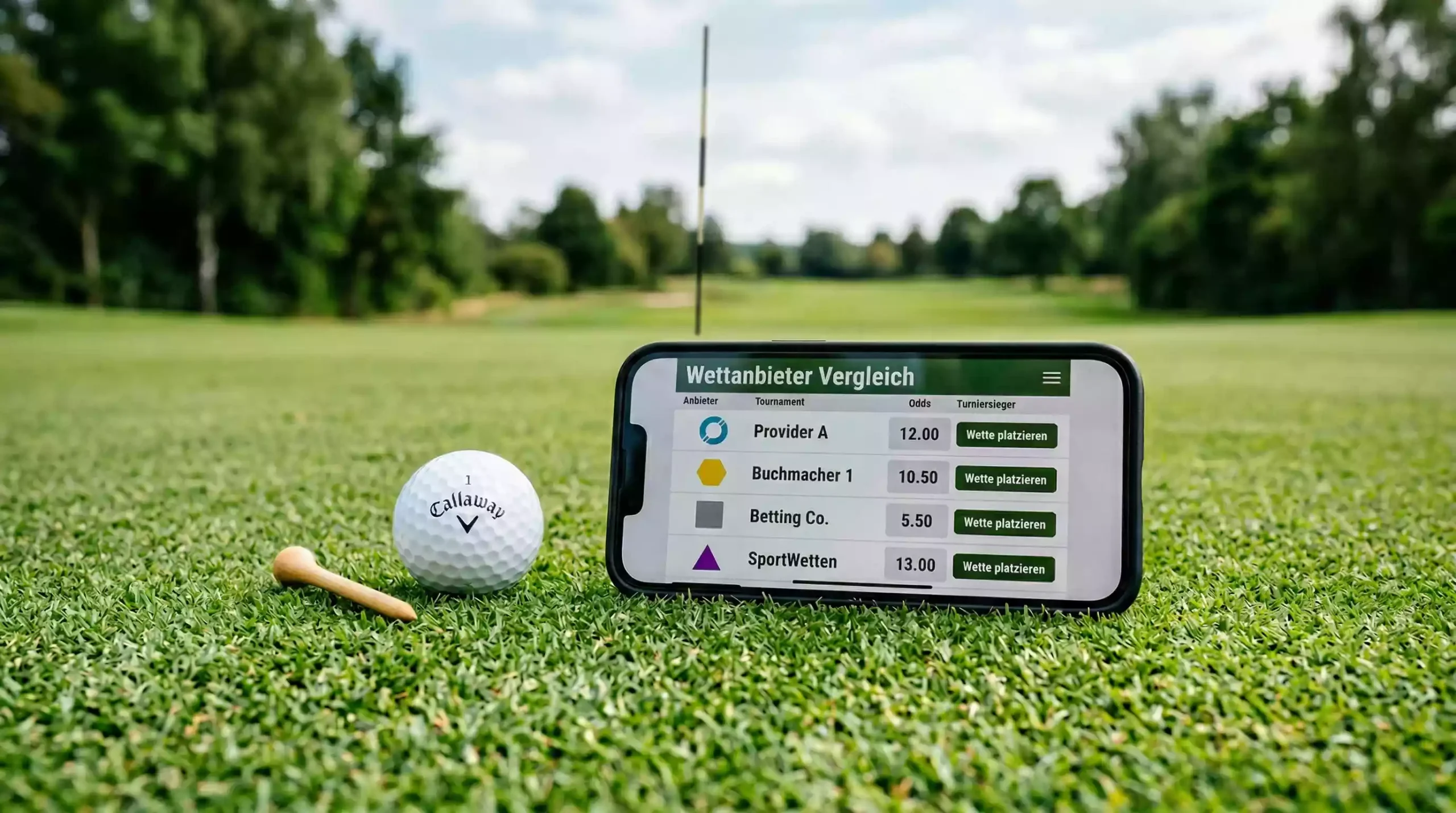 Smartphone mit Golf-Wett-App neben einem Golfball auf dem Grün