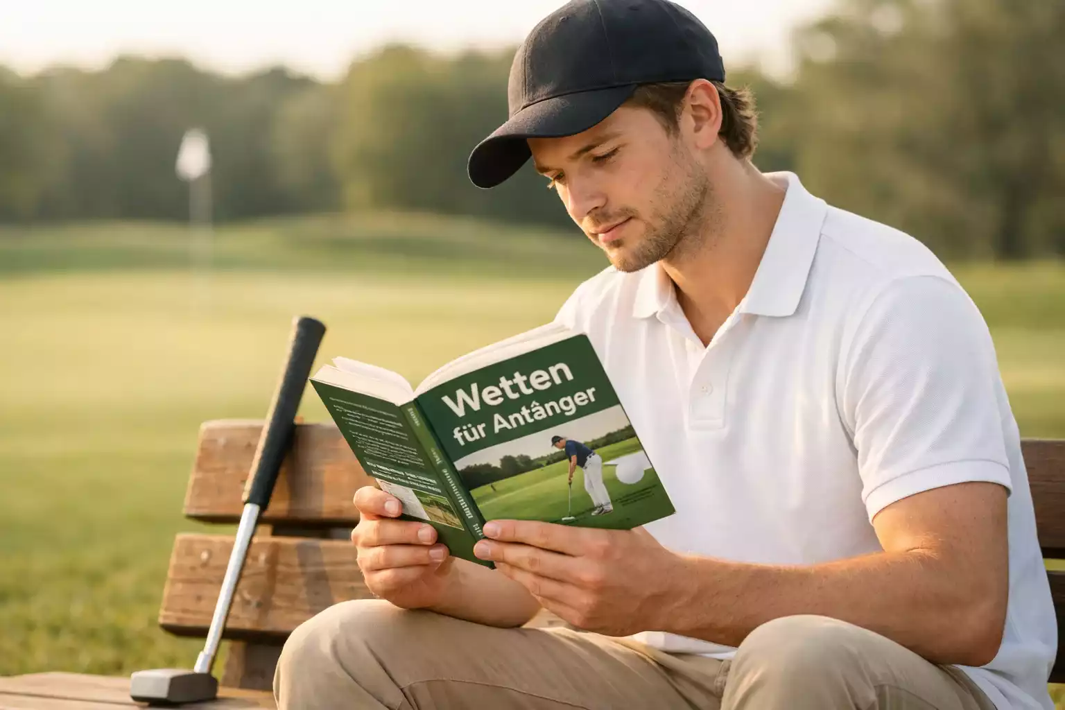 Einsteiger studiert Golfwetten-Grundlagen auf einer Bank am Golfplatz