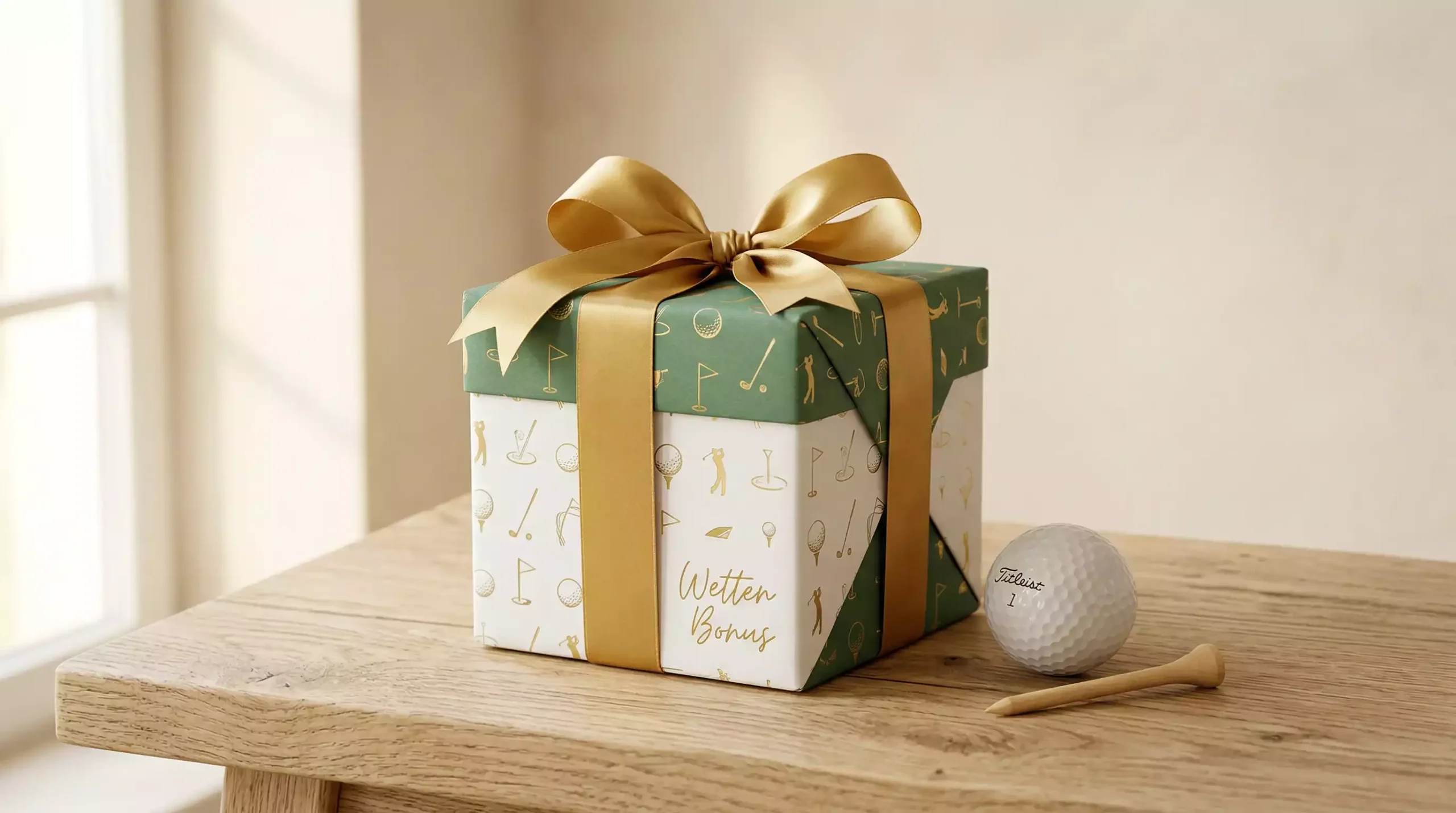 Elegante Geschenkbox mit Golfsymbolik als Symbol für Wettbonus