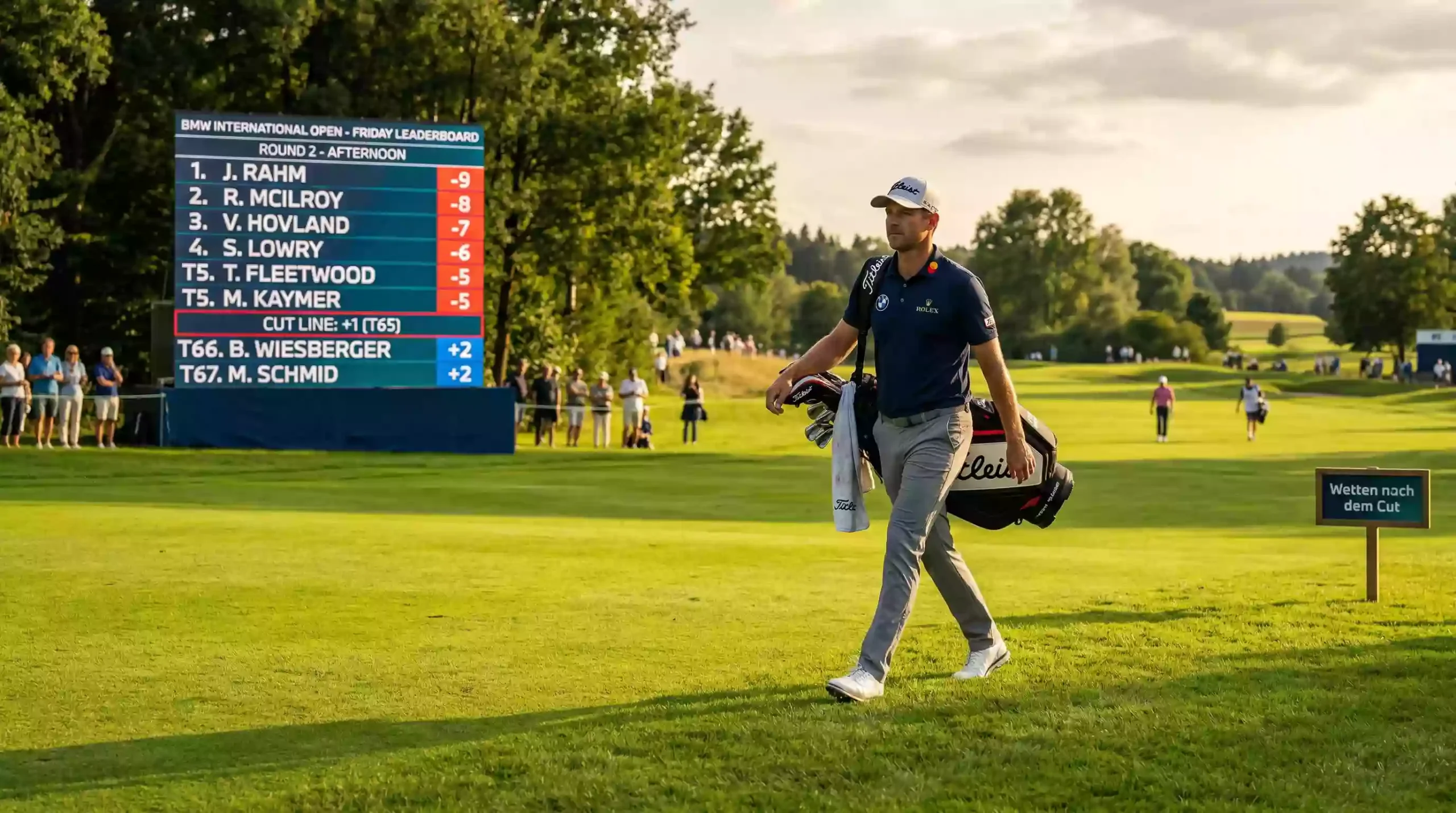 Golfspieler auf dem Fairway am Freitagnachmittag mit Leaderboard im Hintergrund