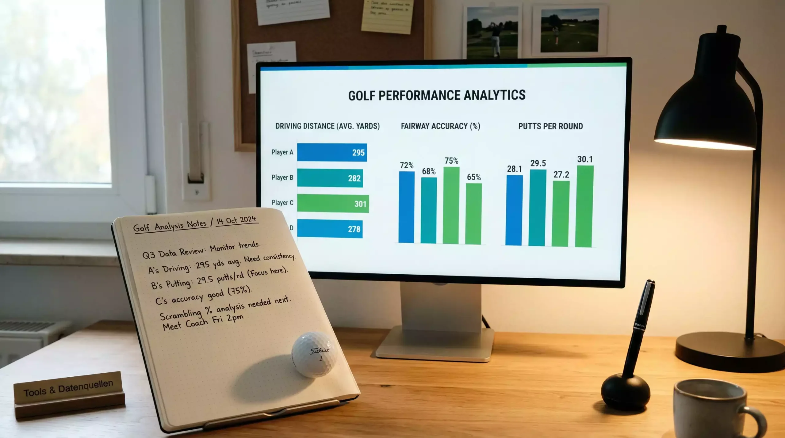 Monitor mit Golf-Statistiken und Analyse-Diagrammen auf einem Schreibtisch