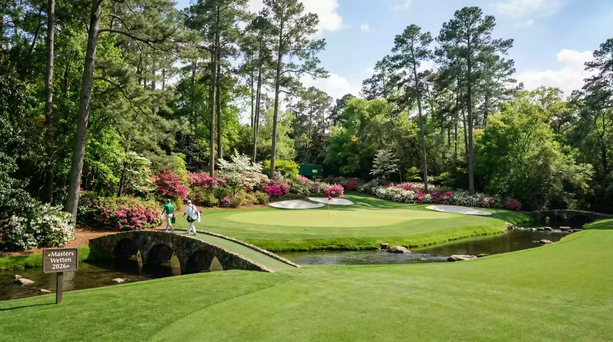 Malerisches Par-3-Loch mit Azaleen und Kiefern auf einem berühmten Golfplatz