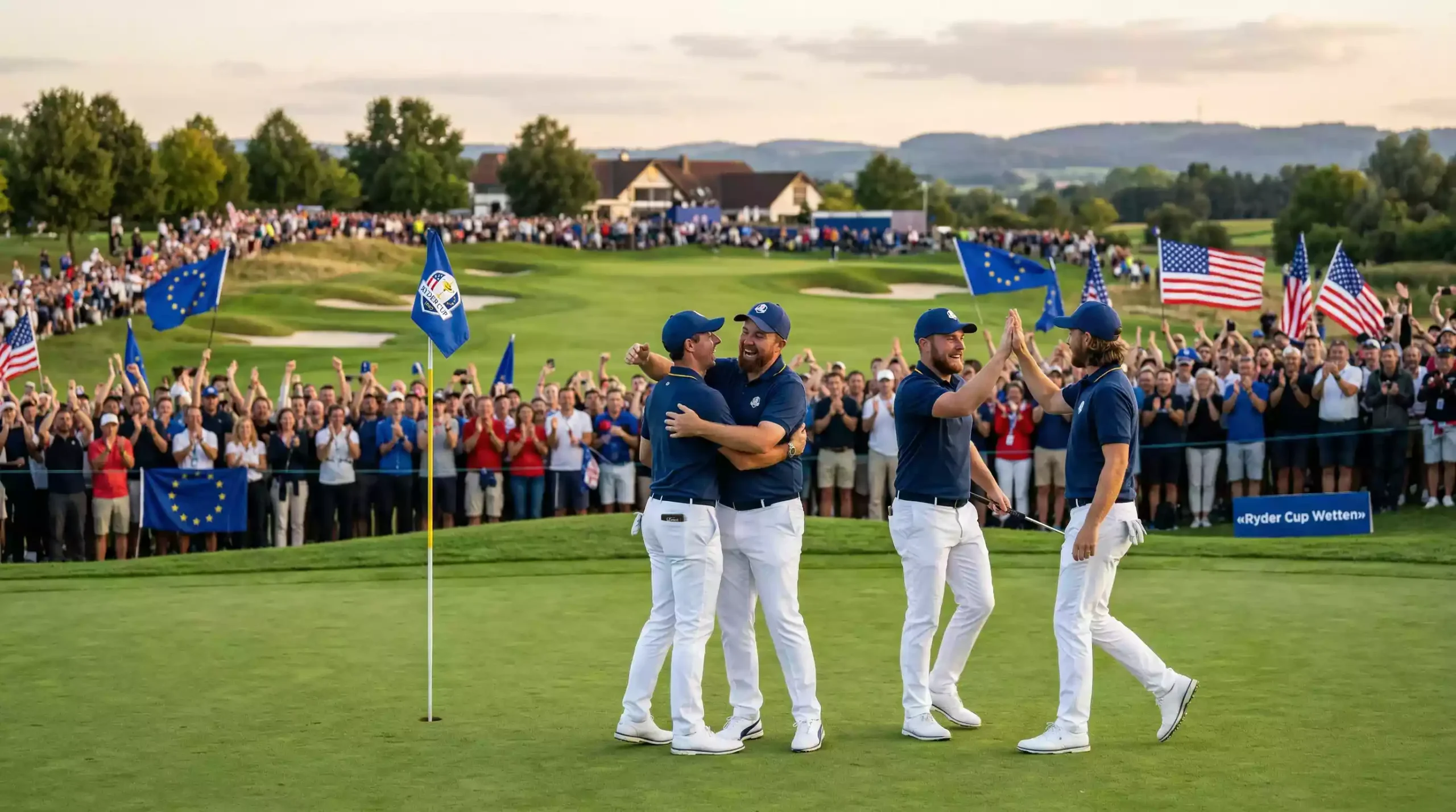 Golfer im Teamtrikot beim Ryder Cup mit jubelnden Fans und Flaggen