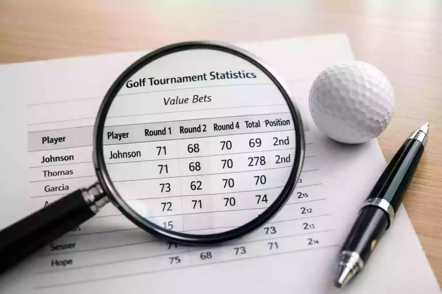 Lupe über Golfturnierstatistiken als Symbol für die Suche nach Value Bets