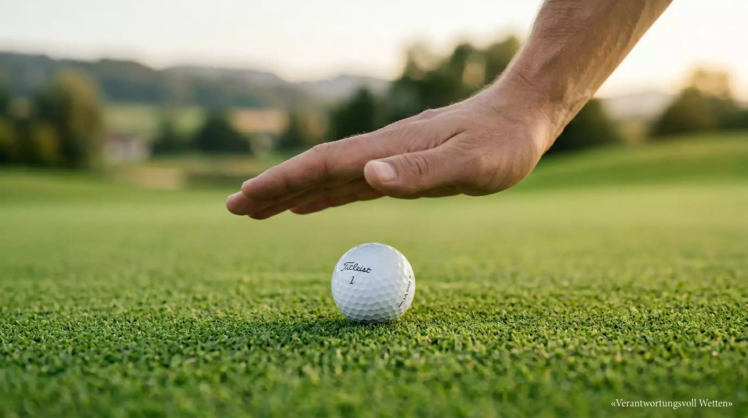 Ruhige Szene mit Golfball auf dem Grün und schützender Hand darüber