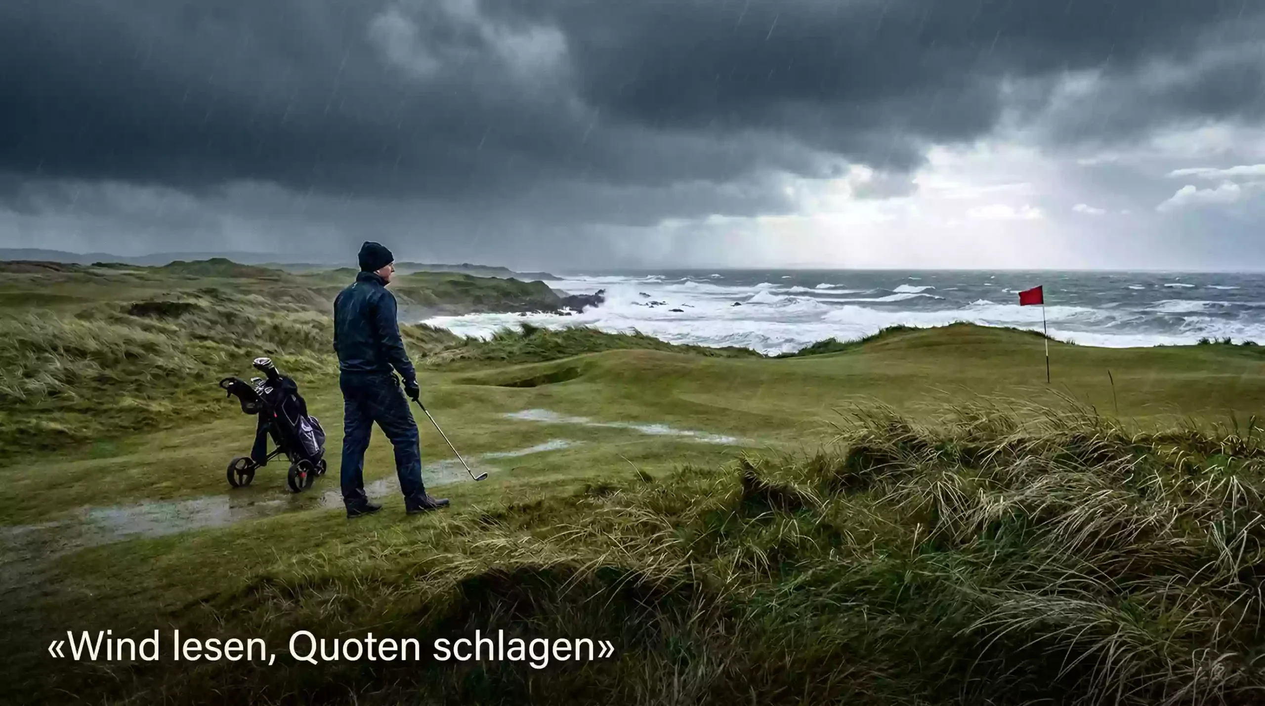 Golfplatz bei starkem Wind mit wehenden Fahnen und dunklen Wolken — Wetter und Golf Wetten